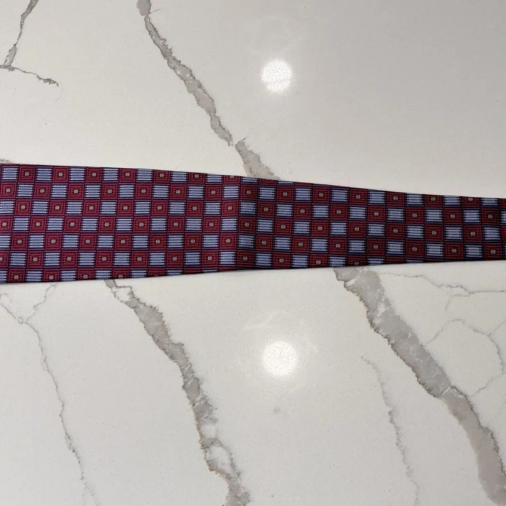 CRAZY HORSE Men's Burgundy Blue Geometric Oxford Tie Necktie 100% Silk Classic